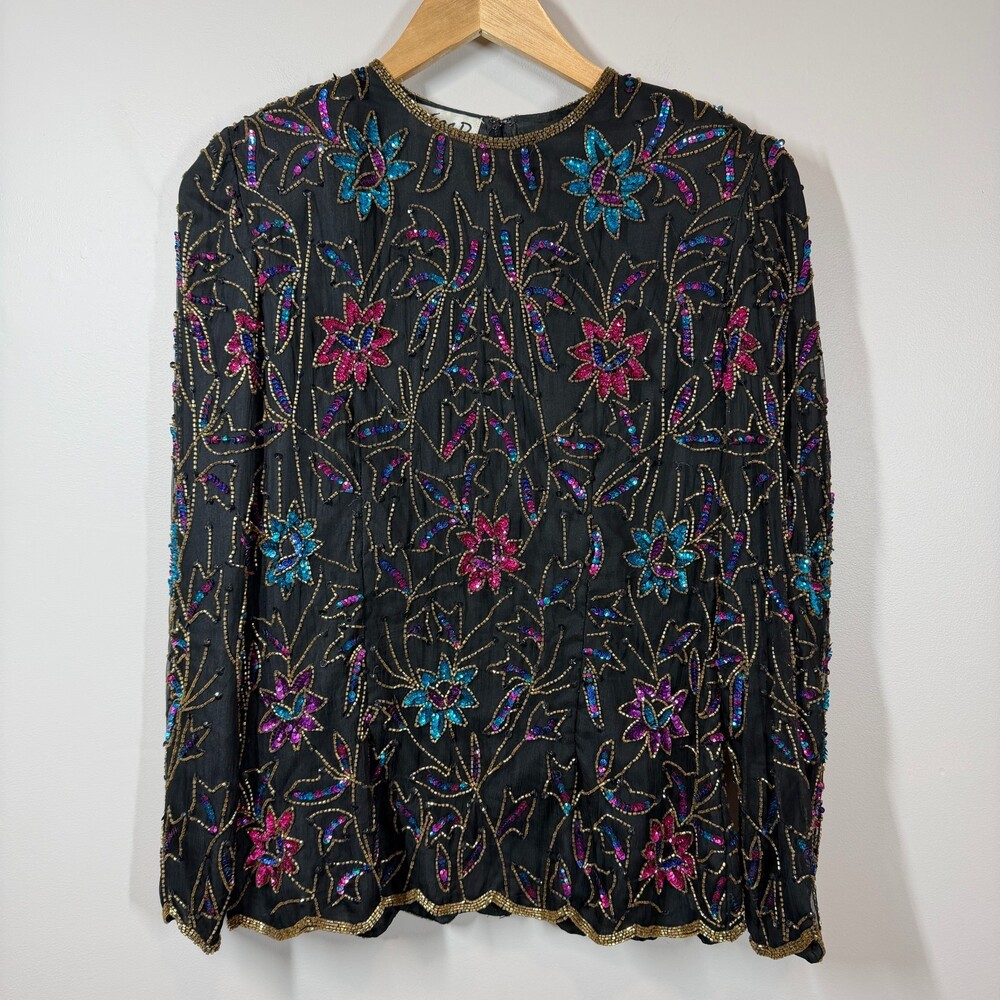 JMD New York Vintage Black Silk Beaded Sequin Floral Evening Blouse Top